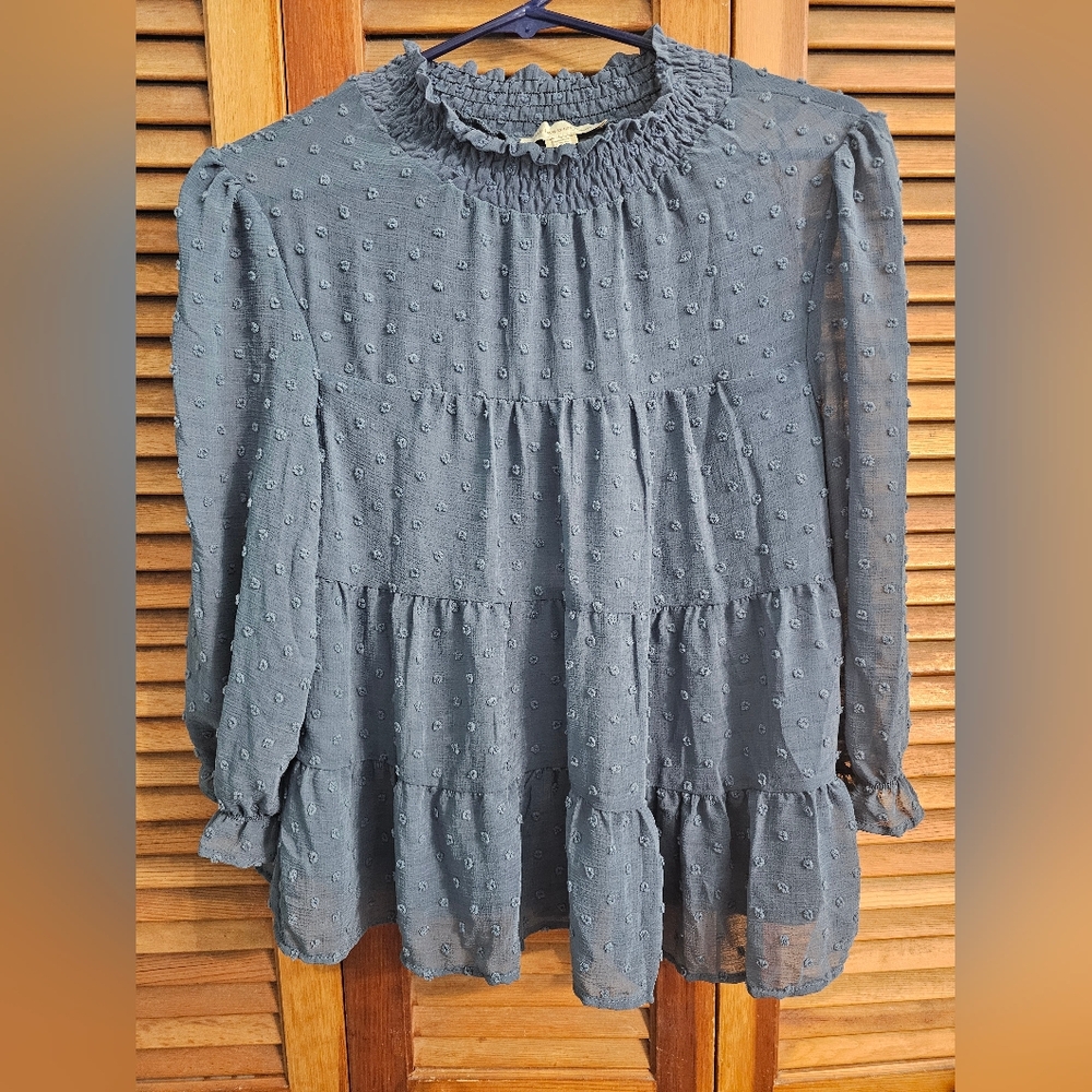 Monteau Los Angeles Dusty Blue Smocked Tiered Blouse | XL | Romantic Boho Chic
